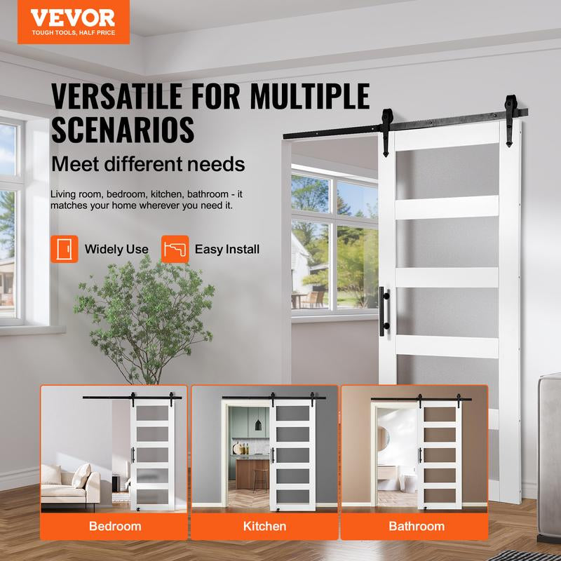 VEVOR 32" x 84" Wood and Frosted Glass Sliding Barn Door Kit with 8-In-1 Floor Guide and Handle, Smooth and Quiet Operation