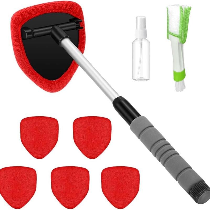 9-Piece Car Window Cleaning Set with Extendable Handle, Six Reusable Microfiber Pads, Air Vent Brush, and Empty Spray Bottle
