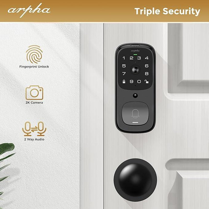 Arpha AL501 Wi-Fi Smart Door Lock with 5-in-1 Fingerprint Entry, Two-Way Audio, Dual Motion Sensors, App Remote Control, Keypad Access, and IP65 Waterproof Rating