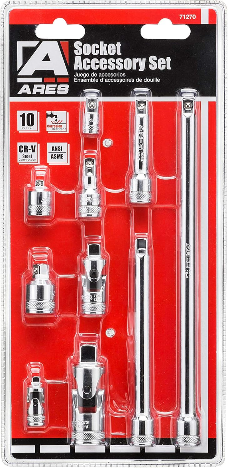 10-Piece Premium Socket Accessory Set - Made from Chrome Vanadium Steel with Mirror Finish - Includes Socket Adapters, Extensions, and Universal Joints