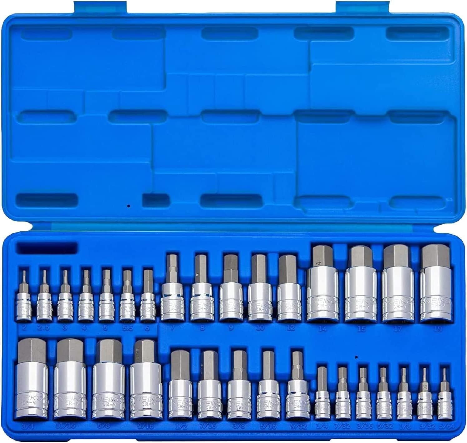 32-Piece Allen Hex Bit Socket Set, SAE and Metric, Made from S2 Steel