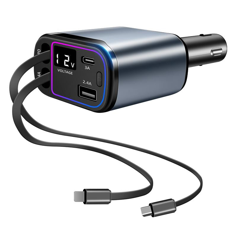 4-in-1 Retractable Car Charger - 66W USB-C Fast Charging Adapter with Voltage Display, Compatible with iPhone, iPad, and Samsung - Essential Travel Accessory