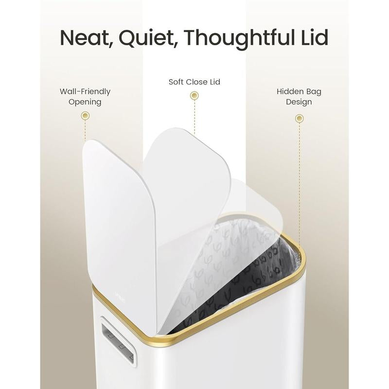 5-Liter Stainless Steel Soft-Close Bathroom Trash Can with Removable Inner Bucket and Step Pedal - Slim Design for Bathroom, Office, and Bedroom - White