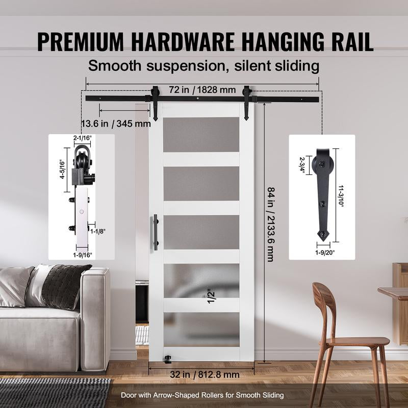 VEVOR 32" x 84" Wood and Frosted Glass Sliding Barn Door Kit with 8-In-1 Floor Guide and Handle, Smooth and Quiet Operation