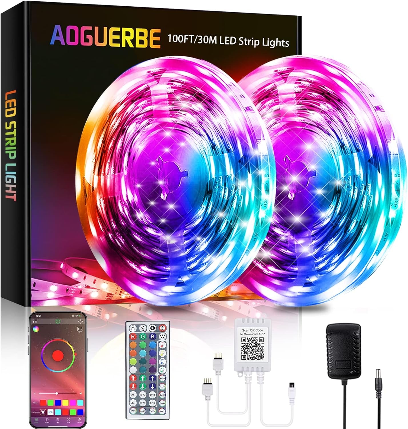 100 Ft Ultra Long 5050 RGB LED Strip Lights with Smart Music Sync, Bluetooth App & Remote Control for Bedroom, Party, Christmas, and Kitchen Use