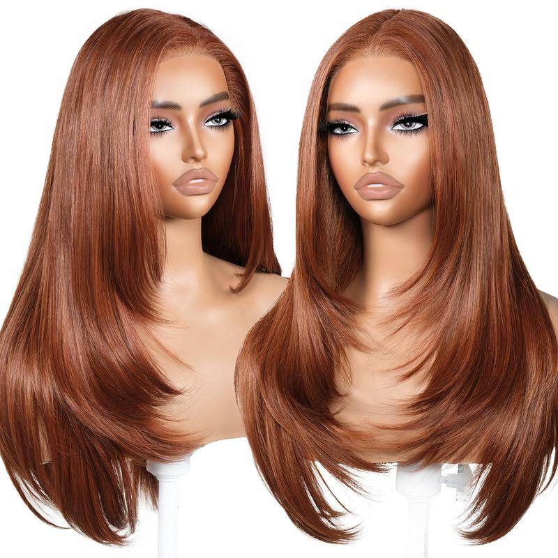 Brownbomb 13X6 Glueless Lace Front Layered Wig - 26 Inch Pre-Plucked Synthetic Hair, 220% Density with Bangs for Effortless Daily and Special Occasion Wear
