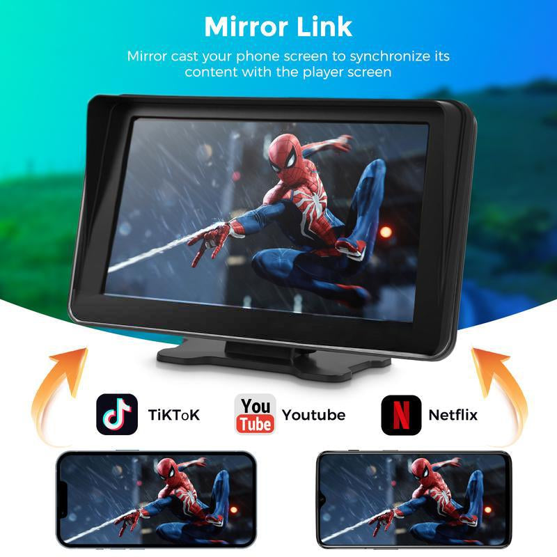 2025 Wireless Portable 7-Inch Touchscreen Car Display with CarPlay, Android Auto, Bluetooth 5.2, Mirror Link, AUX, FM Compatibility, and Backup Camera for All Vehicles