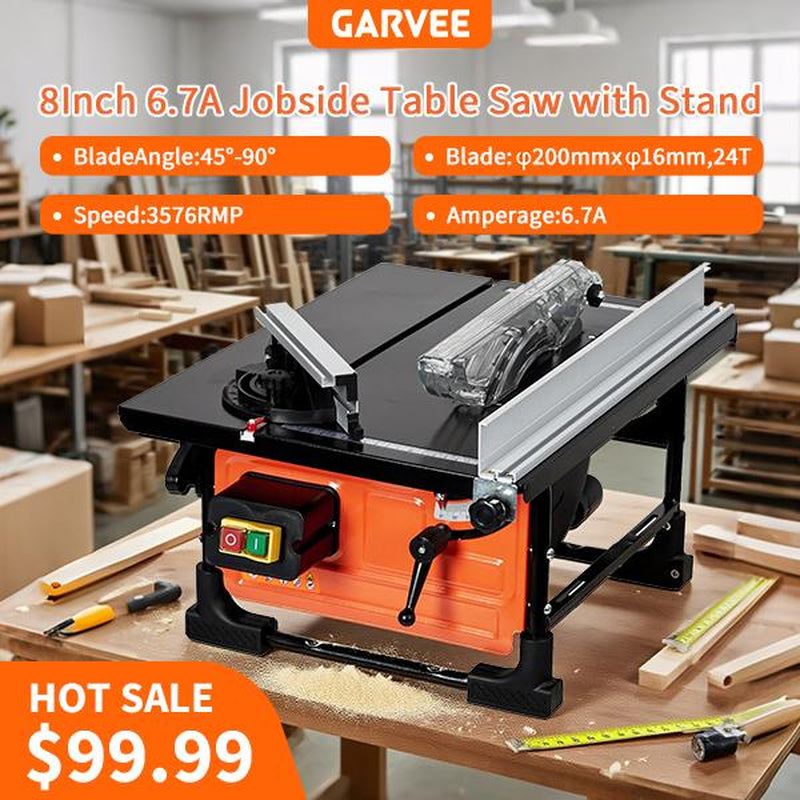 Garvee Portable 8-Inch Table Saw with 3576 RPM Cutting Speed, 24T Blade, and Efficient Dust Collection for Versatile Woodworking and Home Improvement Projects