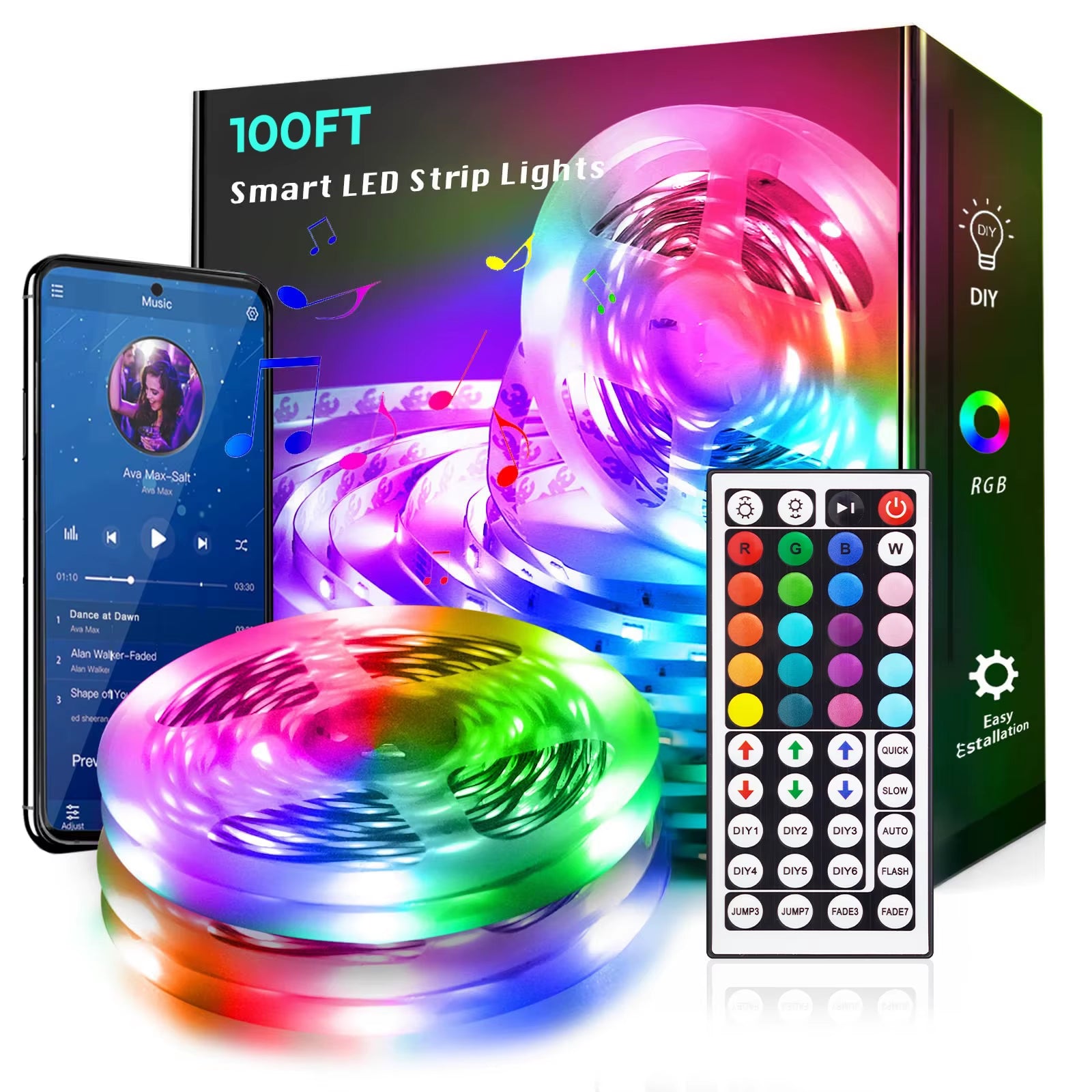100ft LED Strip Lights with Bluetooth Remote and Smart App Control, 5050 RGB Color Changing Lighting for Bedroom and Home Decor