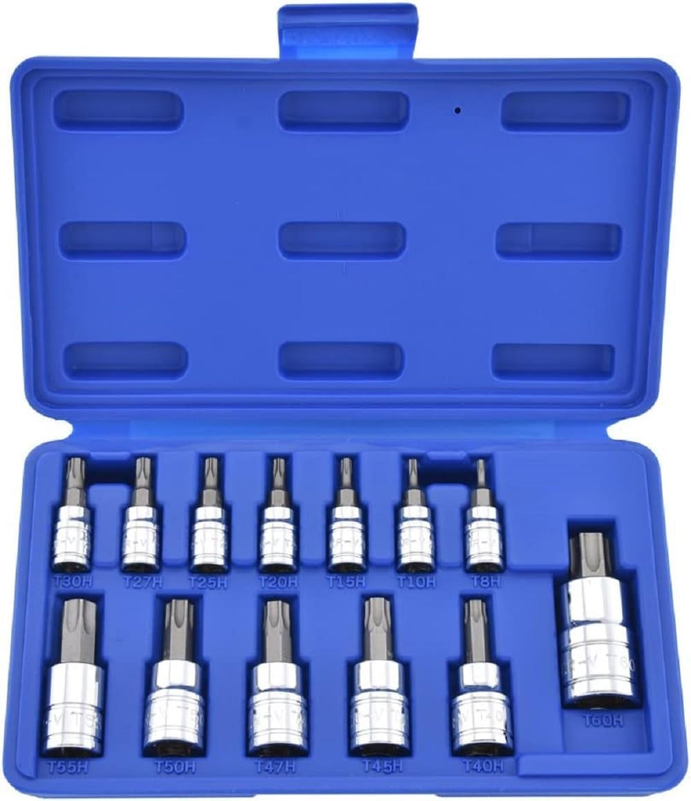 13-Piece Tamper-Proof Torx Bit Socket Set | S2 Steel Bits and Cr-V Steel Sockets | Sizes TT8 to TT60