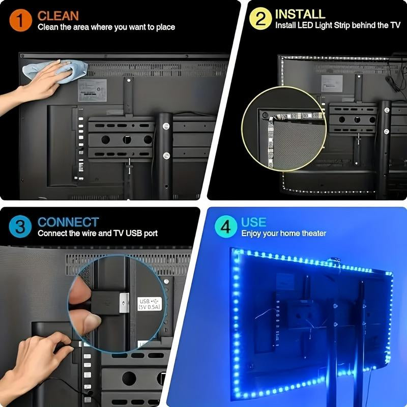 12.4FT USB-Powered LED Light Strip - Intelligent Ambient Backlighting for Home Entertainment and Living Areas