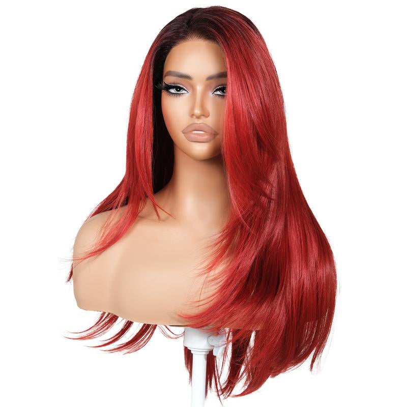 Brownbomb 13X6 Glueless Lace Front Layered Wig - 26 Inch Pre-Plucked Synthetic Hair, 220% Density with Bangs for Effortless Daily and Special Occasion Wear