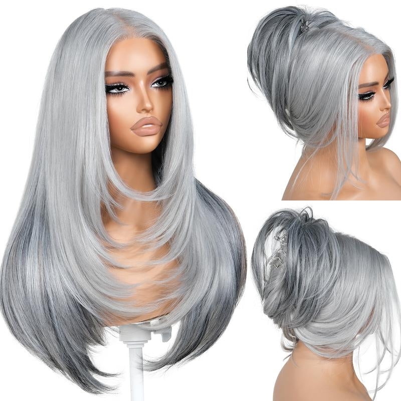 Brownbomb 13X6 Glueless Lace Front Layered Wig - 26 Inch Pre-Plucked Synthetic Hair, 220% Density with Bangs for Effortless Daily and Special Occasion Wear