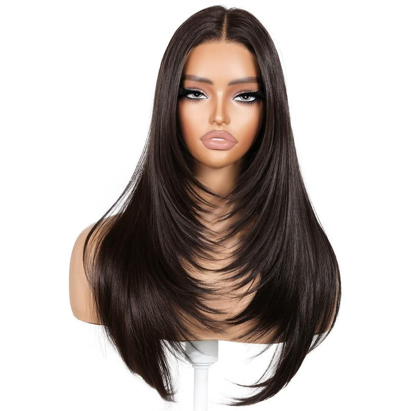 Brownbomb 13X6 Glueless Lace Front Layered Wig - 26 Inch Pre-Plucked Synthetic Hair, 220% Density with Bangs for Effortless Daily and Special Occasion Wear