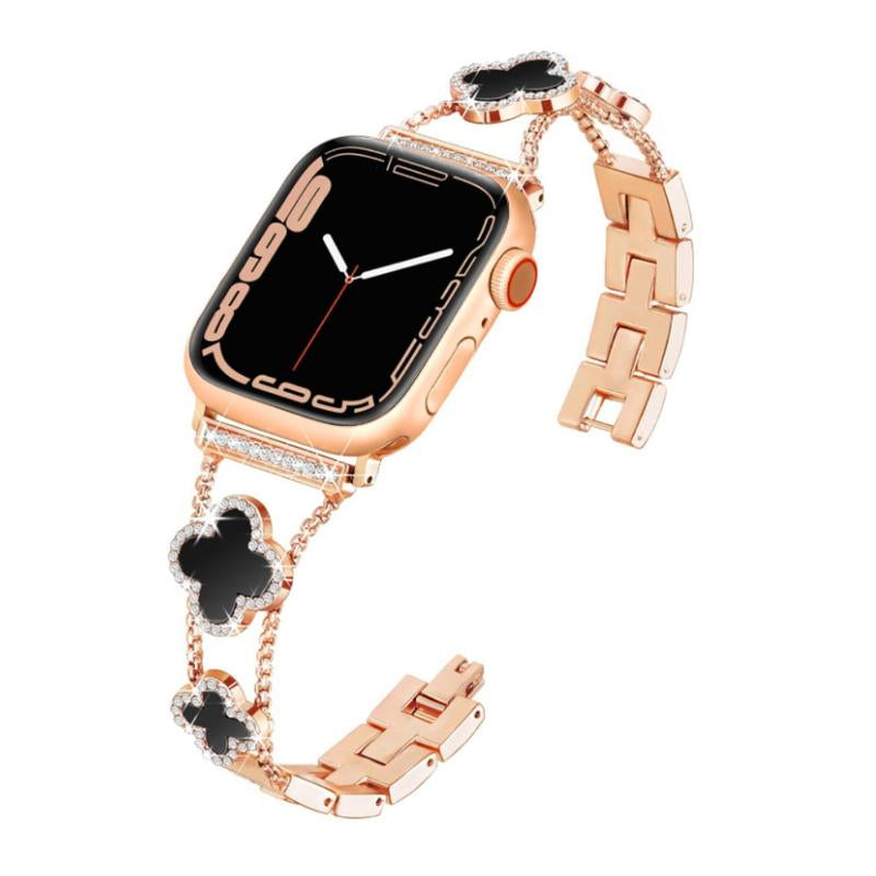 BUREI Elegant Black Shell Clover Slim Metal Bracelet for Apple Watch - Compatible with Ultra 2/Ultra/Series 9-1/SE/SE2 (38-49mm) for Men and Women (Watch Not Included)