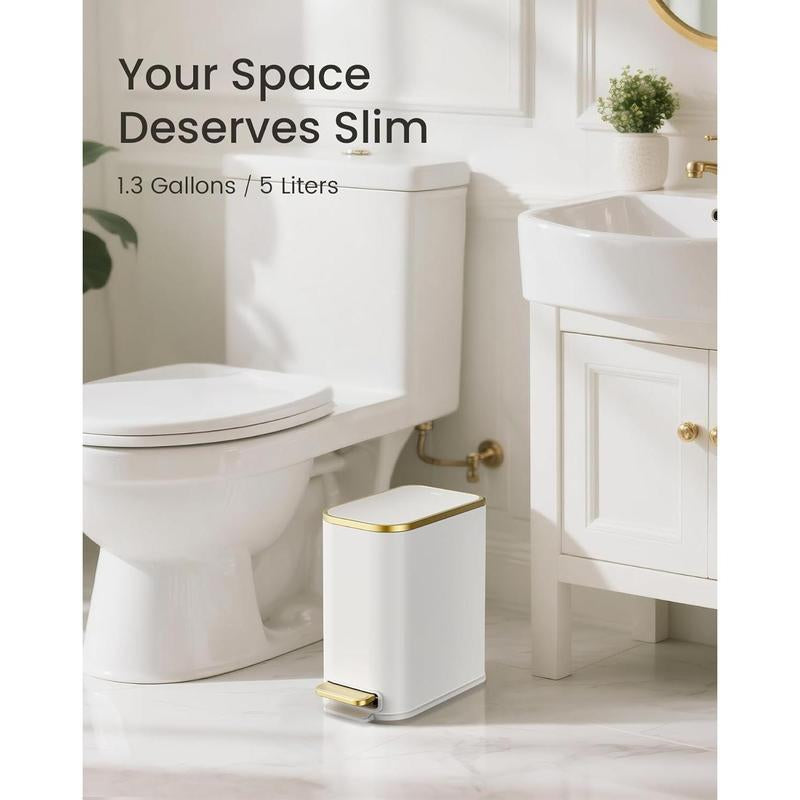 5-Liter Stainless Steel Soft-Close Bathroom Trash Can with Removable Inner Bucket and Step Pedal - Slim Design for Bathroom, Office, and Bedroom - White