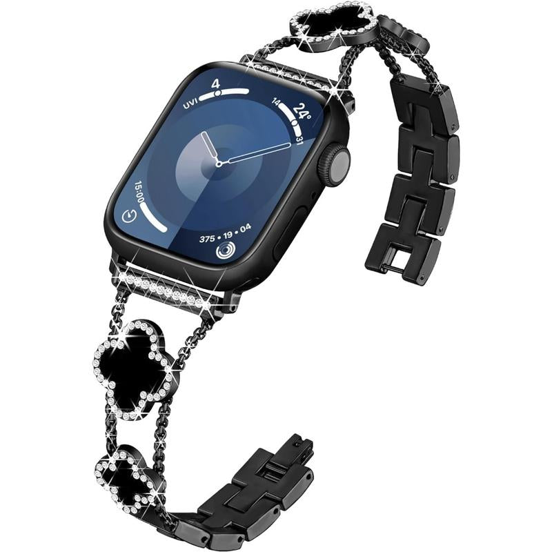 BUREI Elegant Black Shell Clover Slim Metal Bracelet for Apple Watch - Compatible with Ultra 2/Ultra/Series 9-1/SE/SE2 (38-49mm) for Men and Women (Watch Not Included)