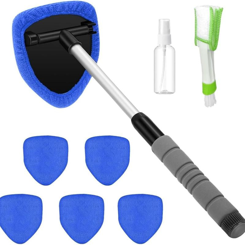 9-Piece Car Window Cleaning Set with Extendable Handle, Six Reusable Microfiber Pads, Air Vent Brush, and Empty Spray Bottle