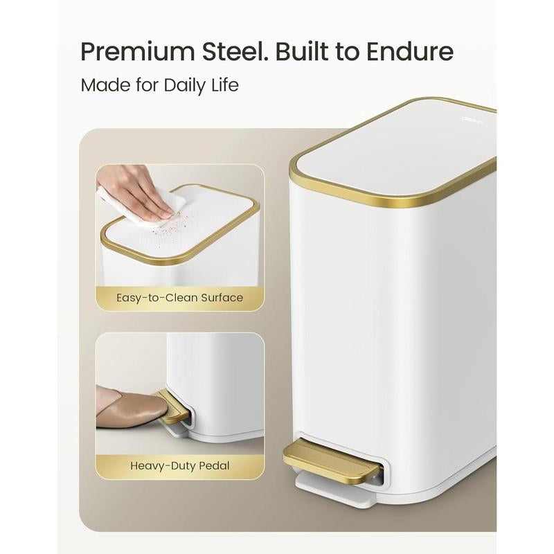 5-Liter Stainless Steel Soft-Close Bathroom Trash Can with Removable Inner Bucket and Step Pedal - Slim Design for Bathroom, Office, and Bedroom - White