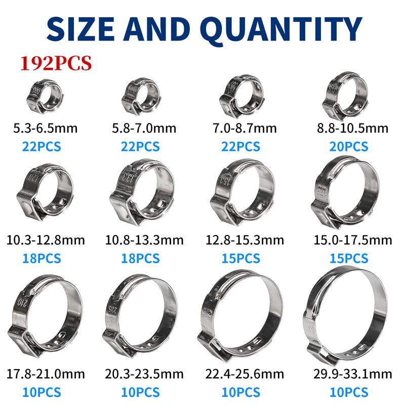 192 Professional Grade Single Ear Hose Clamps - 12 Sizes (5.3-33.1 mm) - Crimped 304 Stainless Steel - Ideal Gift for Dads