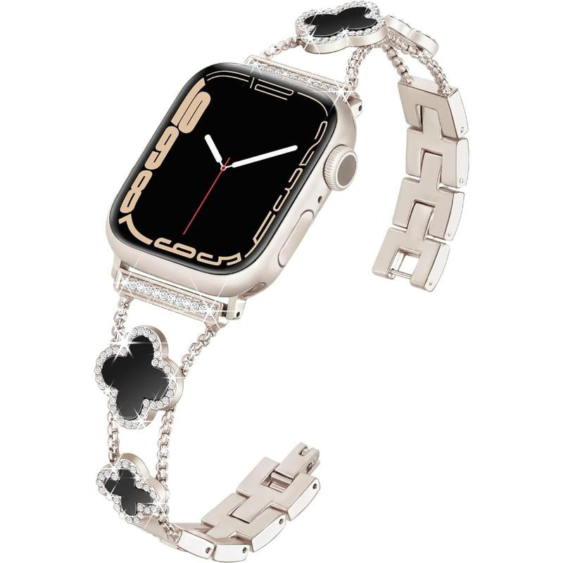 BUREI Elegant Black Shell Clover Slim Metal Bracelet for Apple Watch - Compatible with Ultra 2/Ultra/Series 9-1/SE/SE2 (38-49mm) for Men and Women (Watch Not Included)