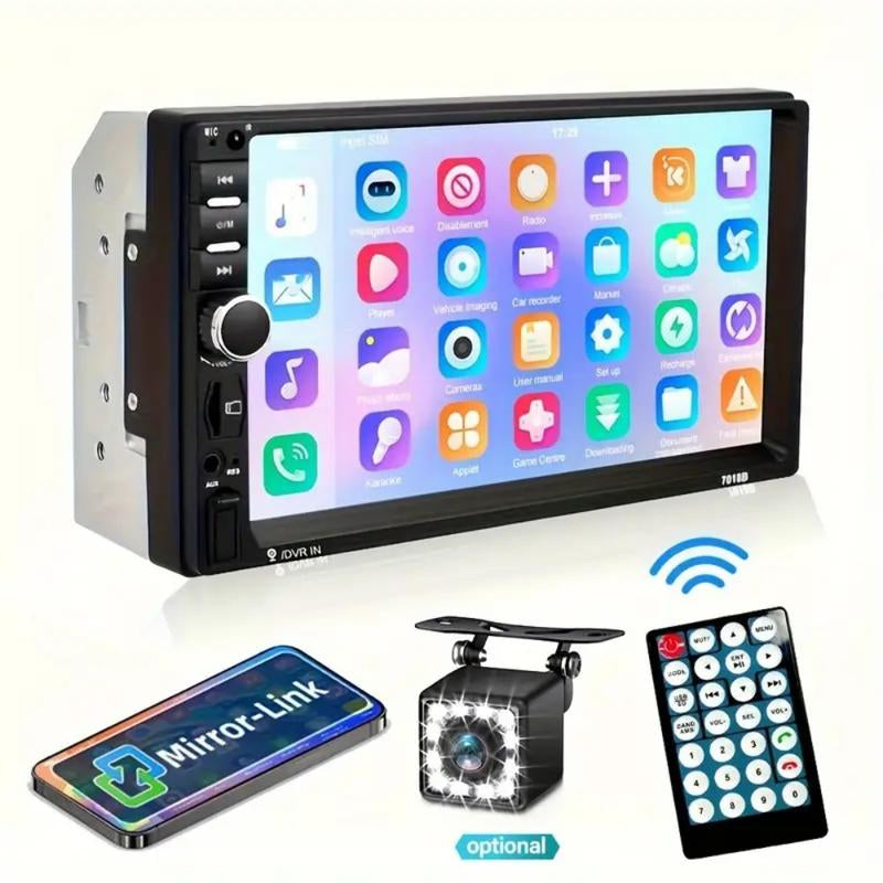 7-Inch Double Din Car Stereo with HD Touchscreen, Bluetooth Connectivity, Hands-Free Calling, Mirror Link, and Auxiliary Input