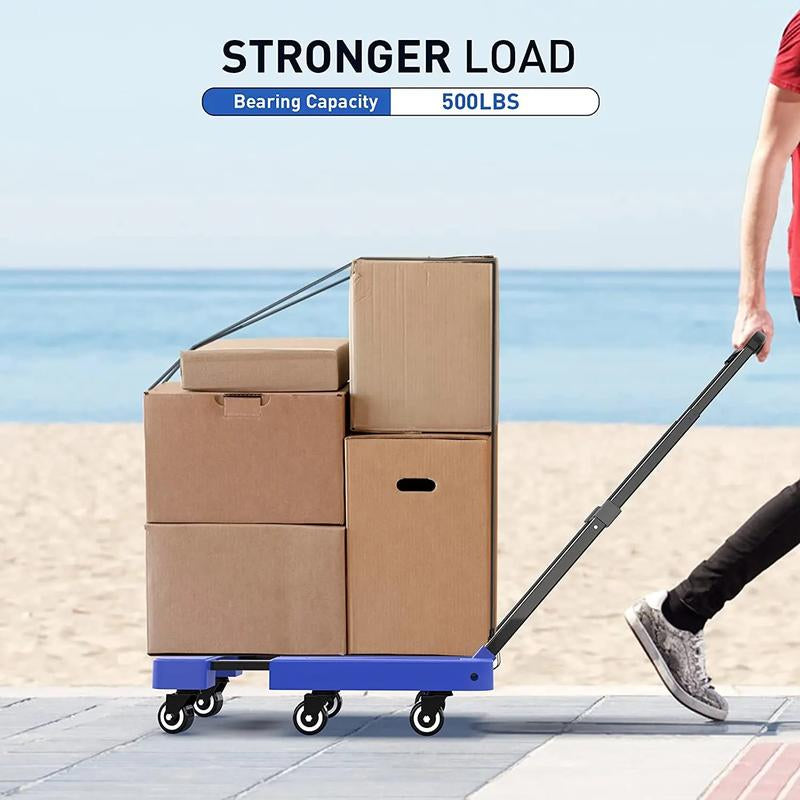 Heavy-Duty Folding Hand Truck Dolly - 500 lb Capacity, 6-Wheel Collapsible Cart with Elastic Straps for Efficient Transport and Moving Solutions