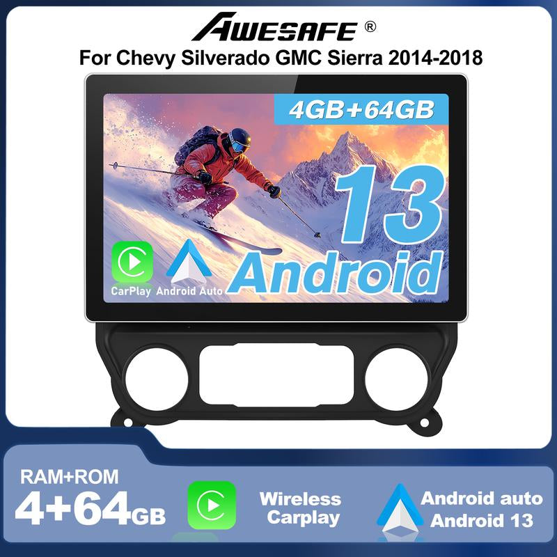 13.1" 8-Core Android 13 Car Radio for 2014-2018 Chevy Silverado and GMC Sierra with 4GB RAM, 64GB Storage, Wi-Fi, Wireless CarPlay, Android Auto, Bluetooth, DSP, Backup Camera, and Microphone - Black