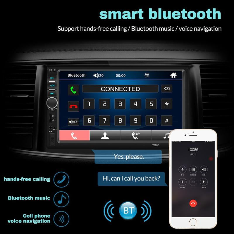 7-Inch Double Din Car Stereo with HD Touchscreen, Bluetooth Connectivity, Hands-Free Calling, Mirror Link, and Auxiliary Input