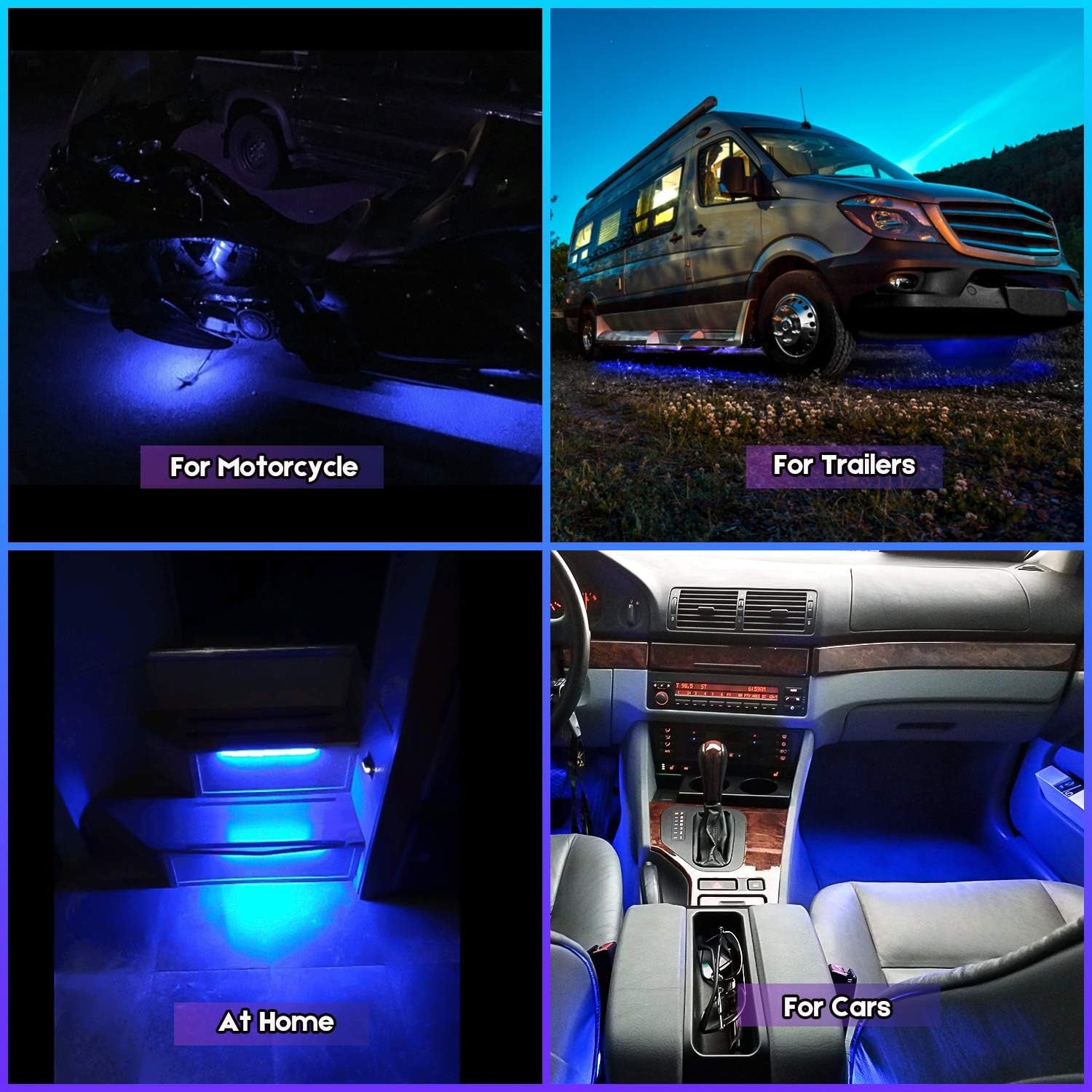24-Inch Customizable Blue LED Strip Lighting for Automotive, Marine, and Truck Interiors - 12V, Set of 4