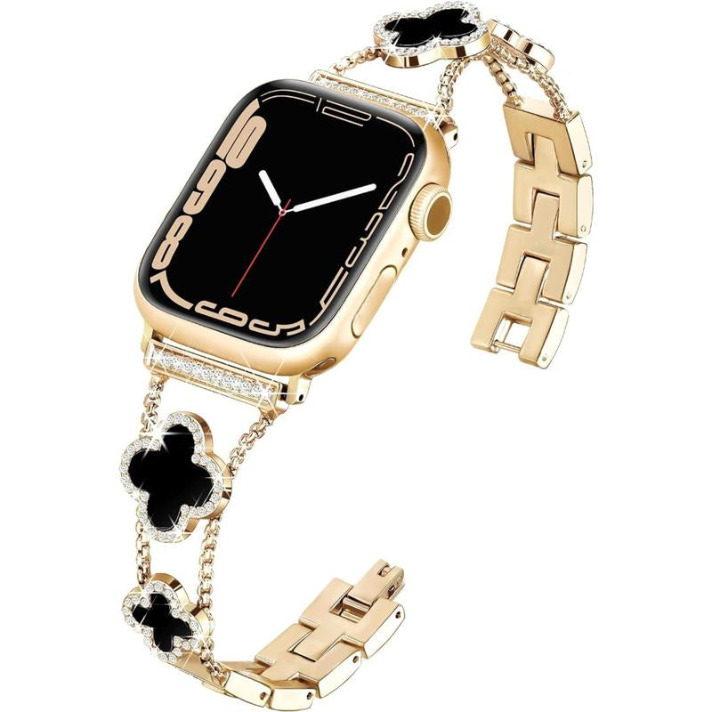 BUREI Elegant Black Shell Clover Slim Metal Bracelet for Apple Watch - Compatible with Ultra 2/Ultra/Series 9-1/SE/SE2 (38-49mm) for Men and Women (Watch Not Included)