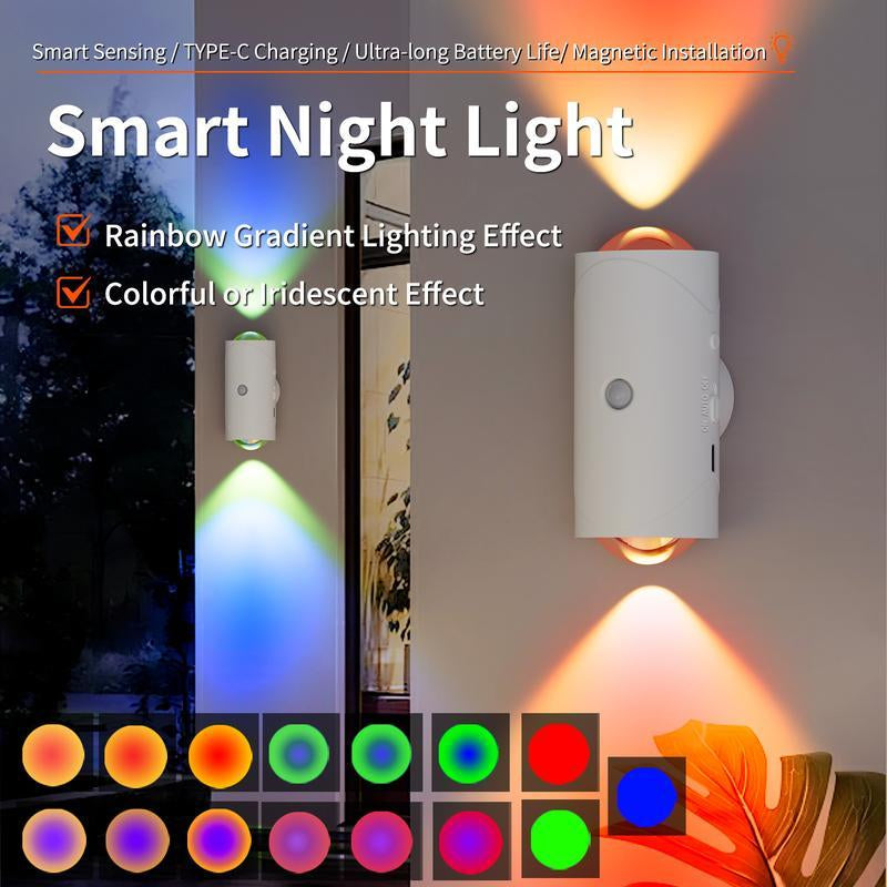 Smart LED Night Light with Motion Sensor and RGB Gradient Dimming, USB Rechargeable Ambient Wall Lamp for Indoor Use, Magnetic Design for Entryways, Bedrooms, and Desks, Ideal for Hallways and Stairs