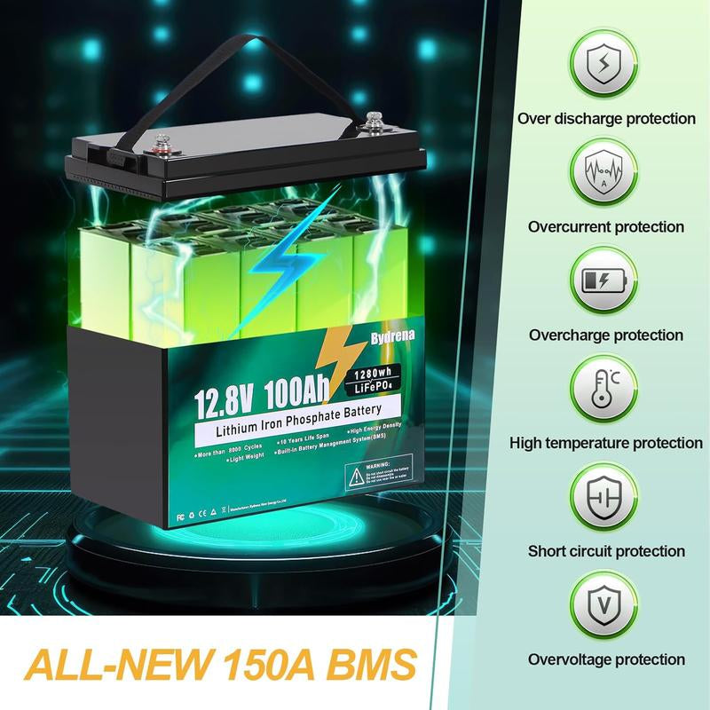 Bydrena 12.8V 100Ah LiFePO4 Deep Cycle Battery with 150A Battery Management System and Temperature Control for Golf Carts, RVs, Marine Applications, and Home Energy Solutions