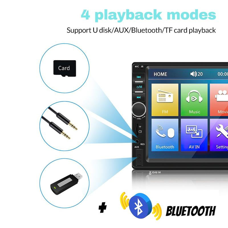 7-Inch Double Din Car Stereo with HD Touchscreen, Bluetooth Connectivity, Hands-Free Calling, Mirror Link, and Auxiliary Input