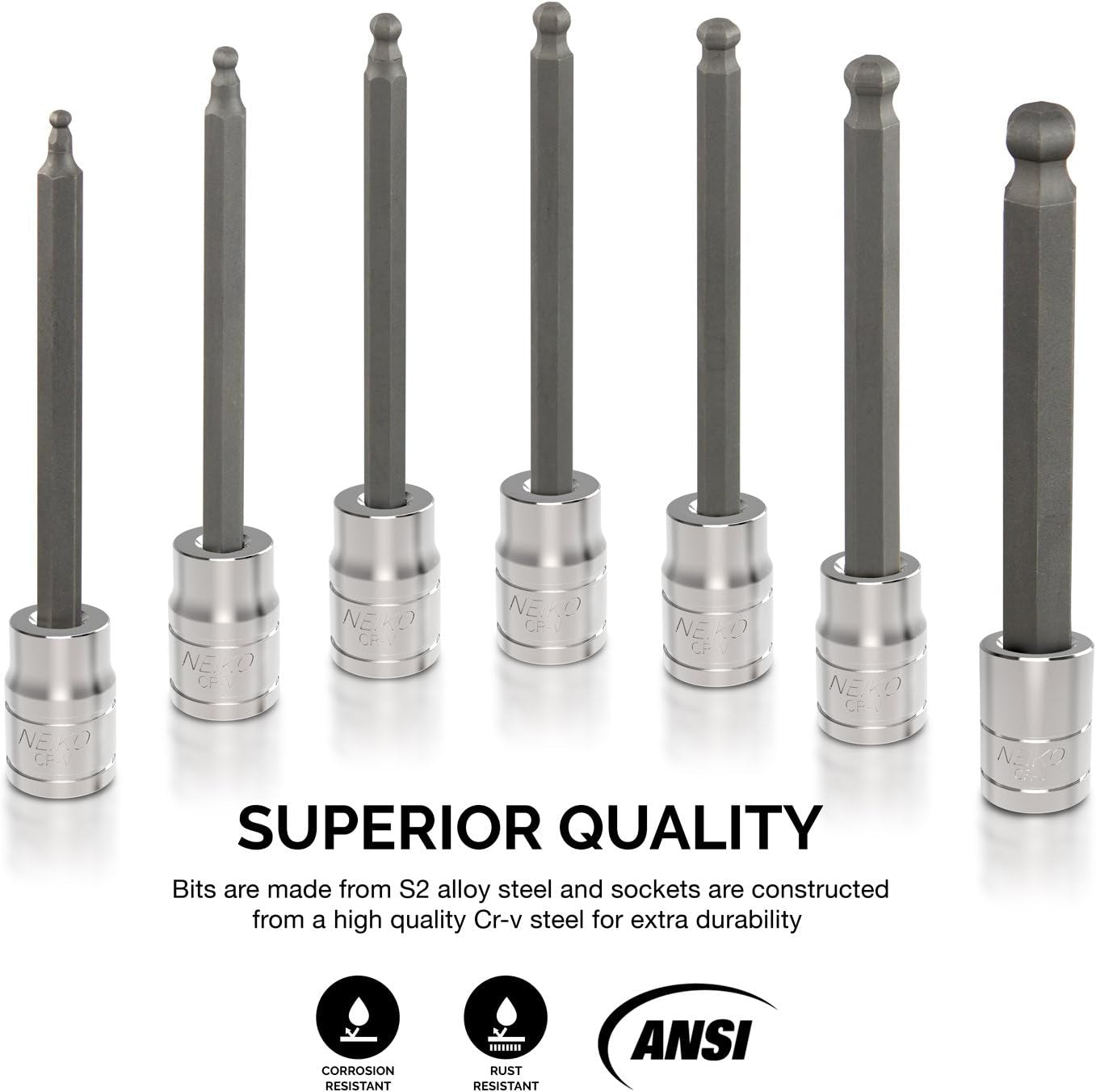 3/8-Inch Drive Extra-Long Ball-End Hex Bit Socket Set, Metric Sizes 3 to 10 mm, S2 Steel, 7-Piece Set