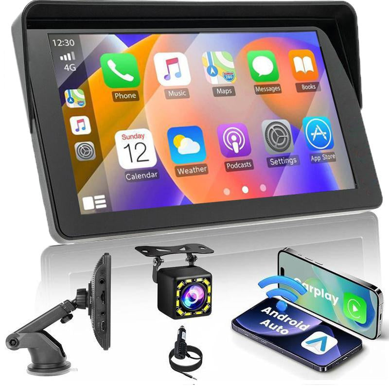 2025 Wireless Portable 7-Inch Touchscreen Car Display with CarPlay, Android Auto, Bluetooth 5.2, Mirror Link, AUX, FM Compatibility, and Backup Camera for All Vehicles