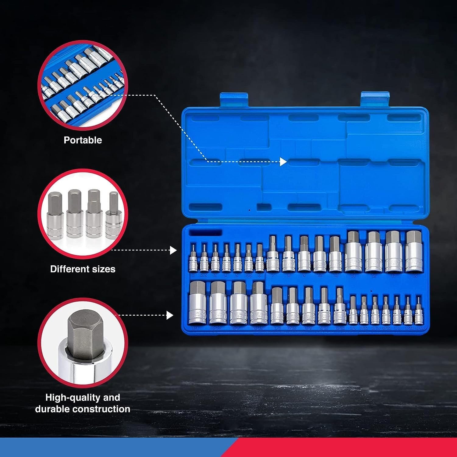 32-Piece Allen Hex Bit Socket Set, SAE and Metric, Made from S2 Steel