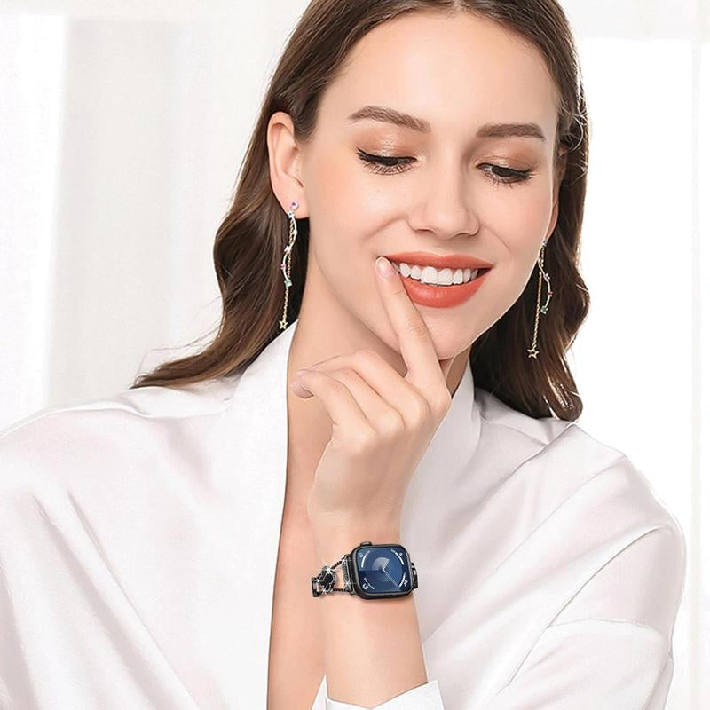 BUREI Elegant Black Shell Clover Slim Metal Bracelet for Apple Watch - Compatible with Ultra 2/Ultra/Series 9-1/SE/SE2 (38-49mm) for Men and Women (Watch Not Included)