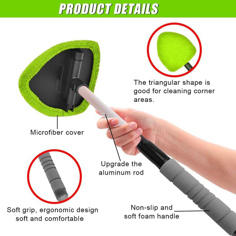 9-Piece Car Window Cleaning Set with Extendable Handle, Six Reusable Microfiber Pads, Air Vent Brush, and Empty Spray Bottle