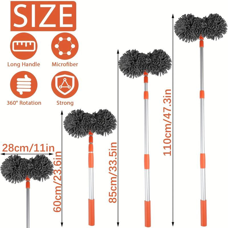 43-Inch Long Handle Car Wash Mop with 360° Rotating Brush Head - Efficient Detailing Tool with Retractable Aluminum Alloy Pole and Soft Chenille Material for Scratch-Free Cleaning of Cars, RVs, Trucks, SUVs, and Home Surfaces - Premium Car Wash Accessory