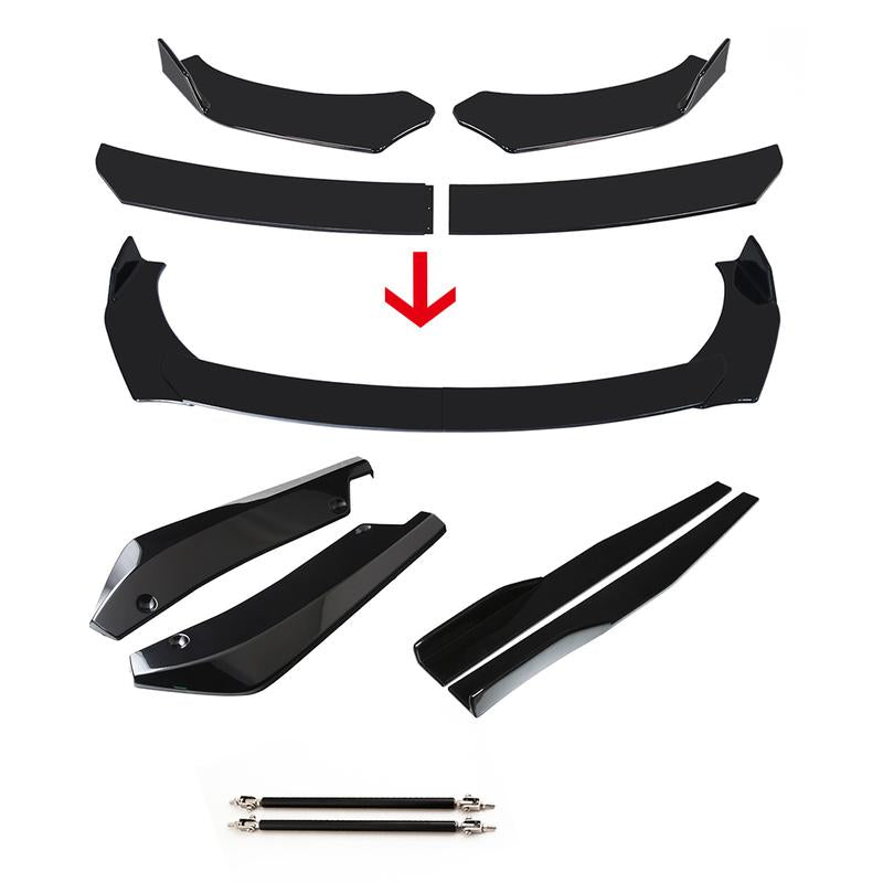 Car Front Bumper Lip Spoiler Kit with 74.5 cm Side Skirts, 35 cm Rear Bumper Lip, and Adjustable Splitter Rods