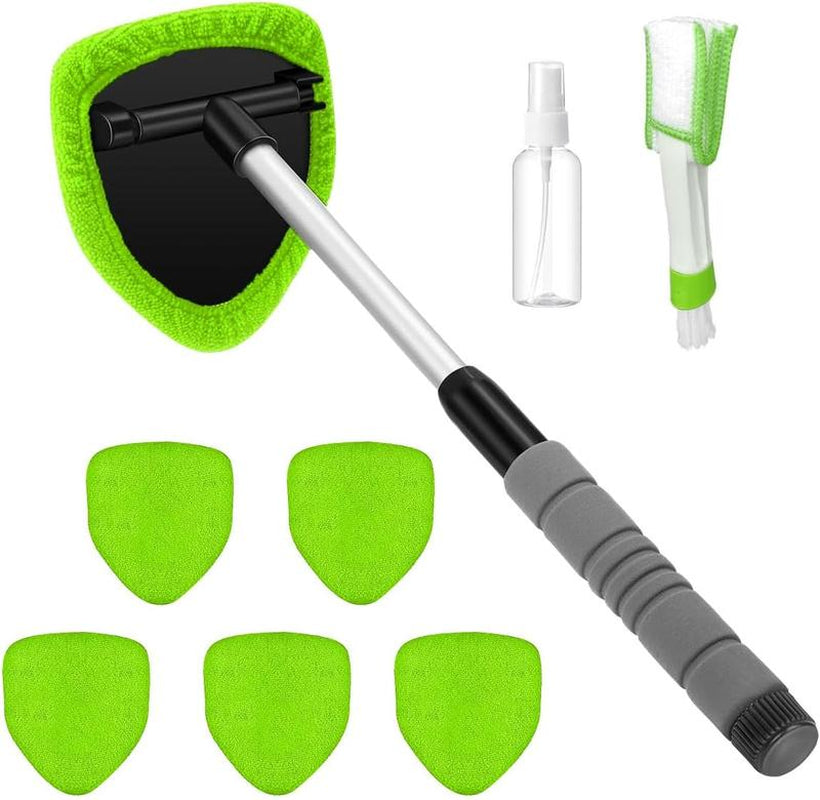 9-Piece Car Window Cleaning Set with Extendable Handle, Six Reusable Microfiber Pads, Air Vent Brush, and Empty Spray Bottle