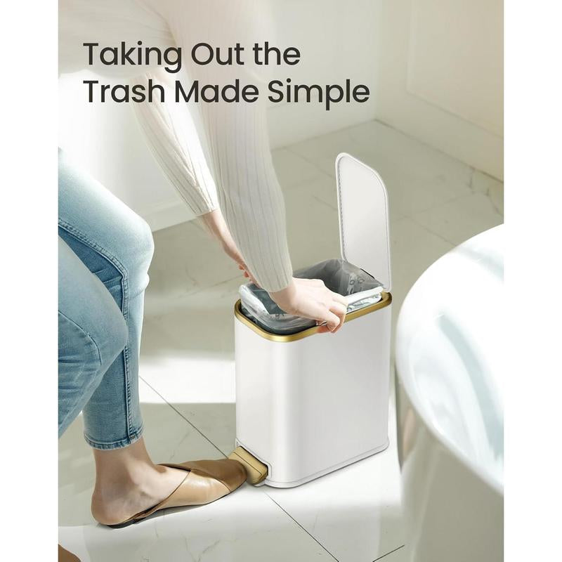 5-Liter Stainless Steel Soft-Close Bathroom Trash Can with Removable Inner Bucket and Step Pedal - Slim Design for Bathroom, Office, and Bedroom - White
