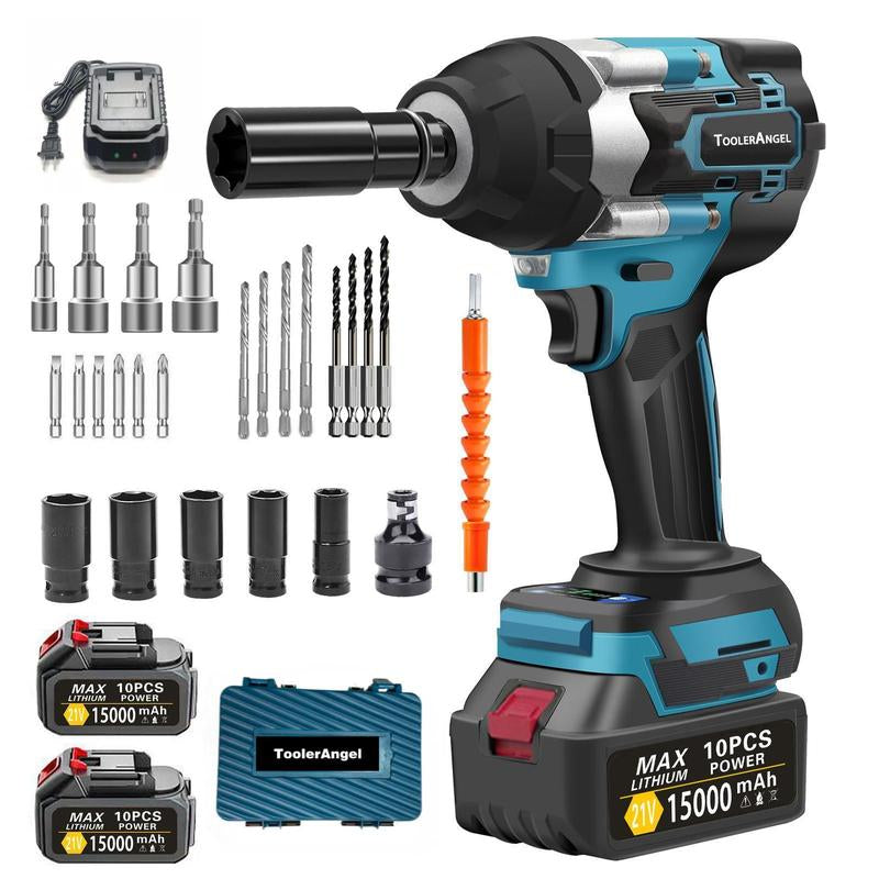 20V Brushless Electric Impact Wrench with Dual Batteries - 1/2 Inch High Torque Impact Driver for Professional Mechanics and Engineers, Heavy-Duty Power Tool