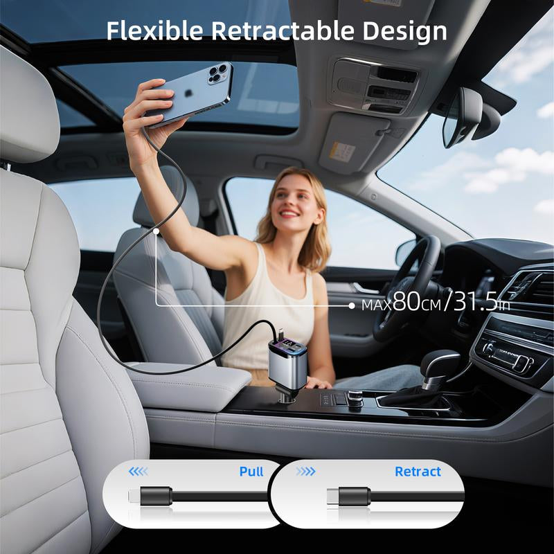 4-in-1 Retractable Car Charger - 66W USB-C Fast Charging Adapter with Voltage Display, Compatible with iPhone, iPad, and Samsung - Essential Travel Accessory