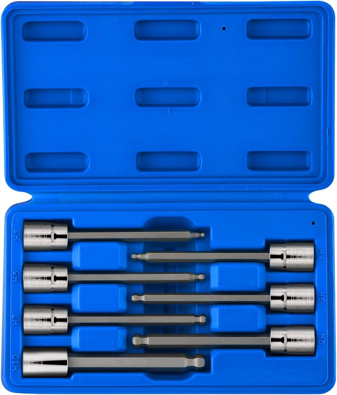 3/8-Inch Drive Extra-Long Ball-End Hex Bit Socket Set, Metric Sizes 3 to 10 mm, S2 Steel, 7-Piece Set
