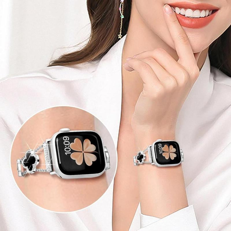 BUREI Elegant Black Shell Clover Slim Metal Bracelet for Apple Watch - Compatible with Ultra 2/Ultra/Series 9-1/SE/SE2 (38-49mm) for Men and Women (Watch Not Included)