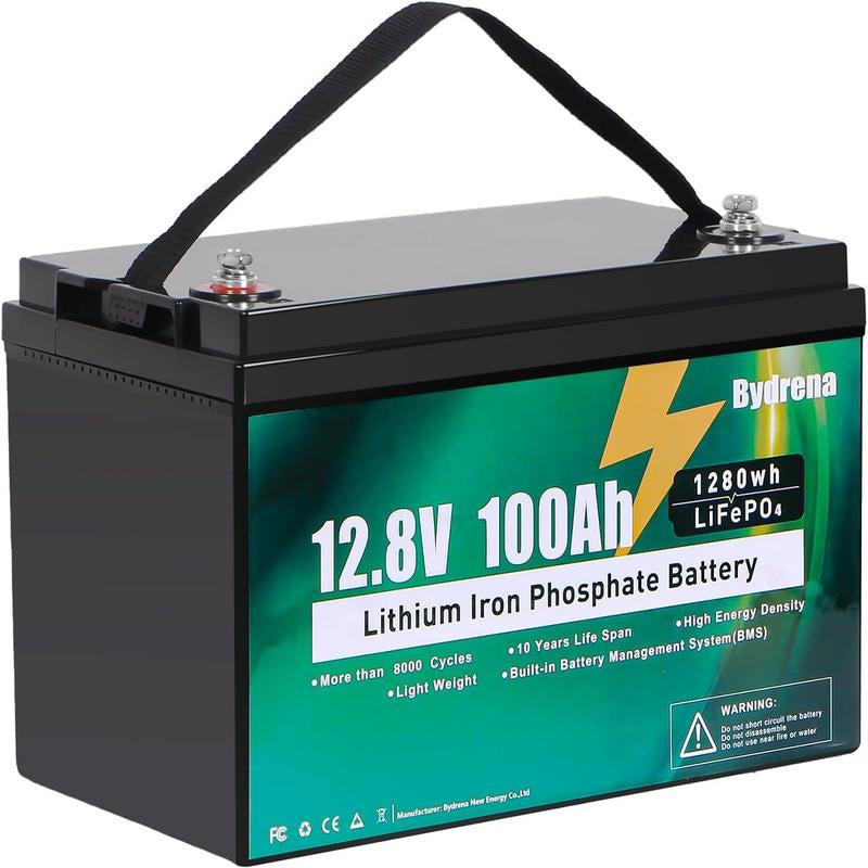 Bydrena 12.8V 100Ah LiFePO4 Deep Cycle Battery with 150A Battery Management System and Temperature Control for Golf Carts, RVs, Marine Applications, and Home Energy Solutions